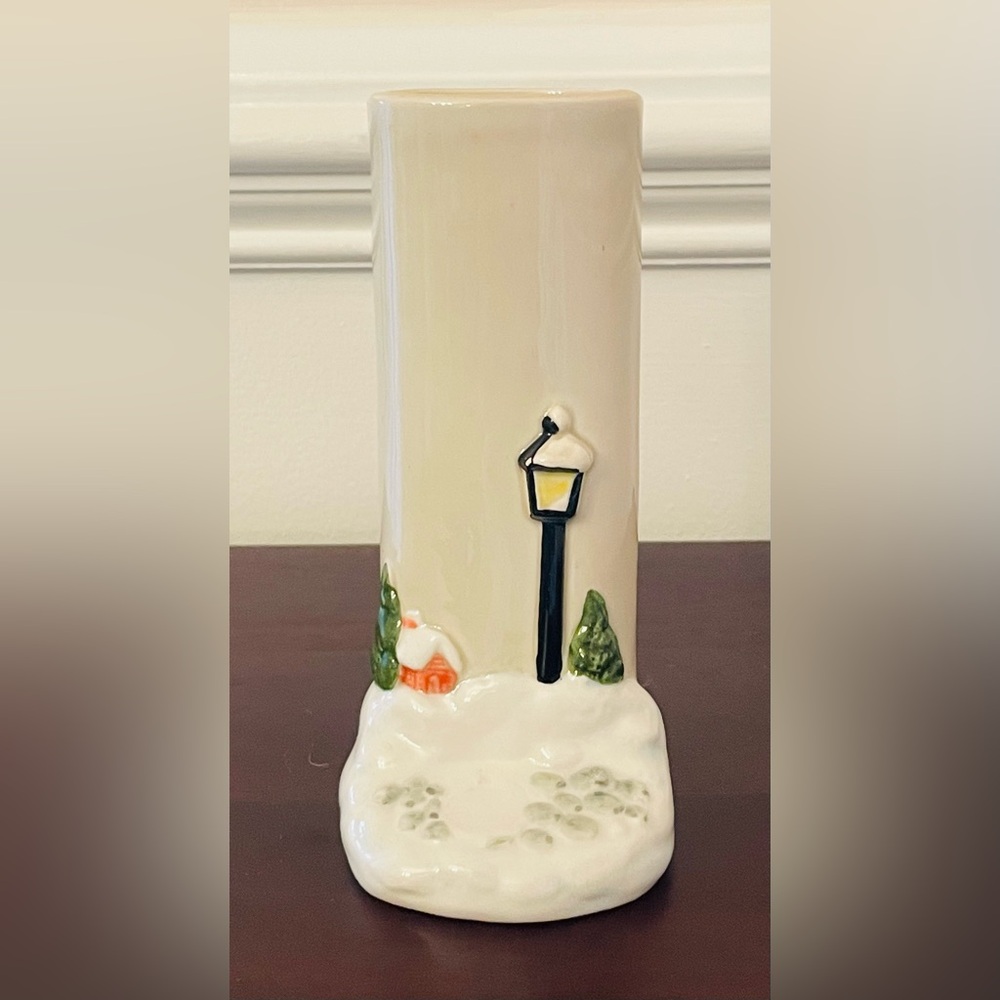 Vintage Otagiri Japan Winter Scene Ceramic Bud Vase In Excellent Condition